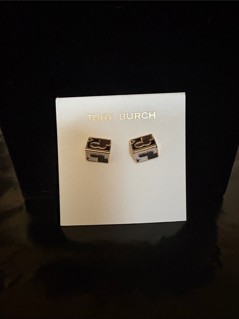 Tory Burch Gold-Tone Cube Stud Earrings with Black Enamel